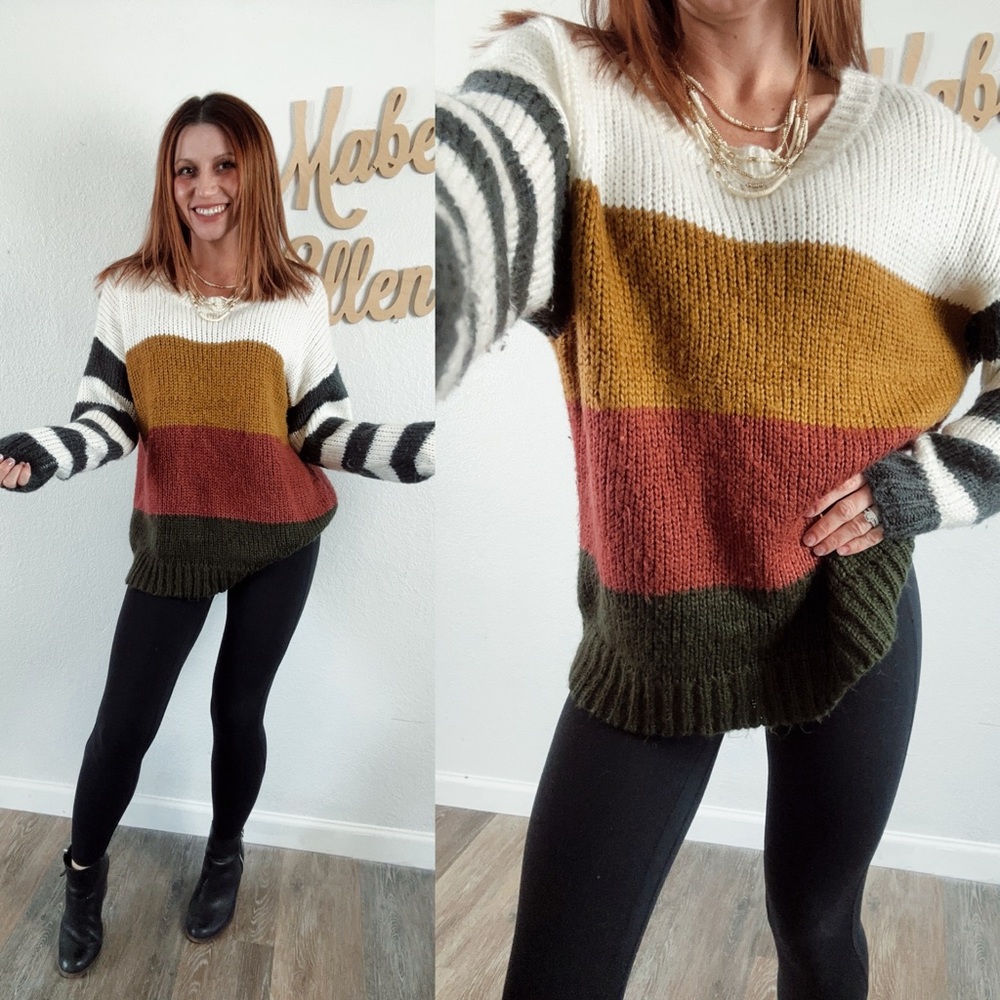 She + Sky Colorblock striped crew neck Sweater size Large